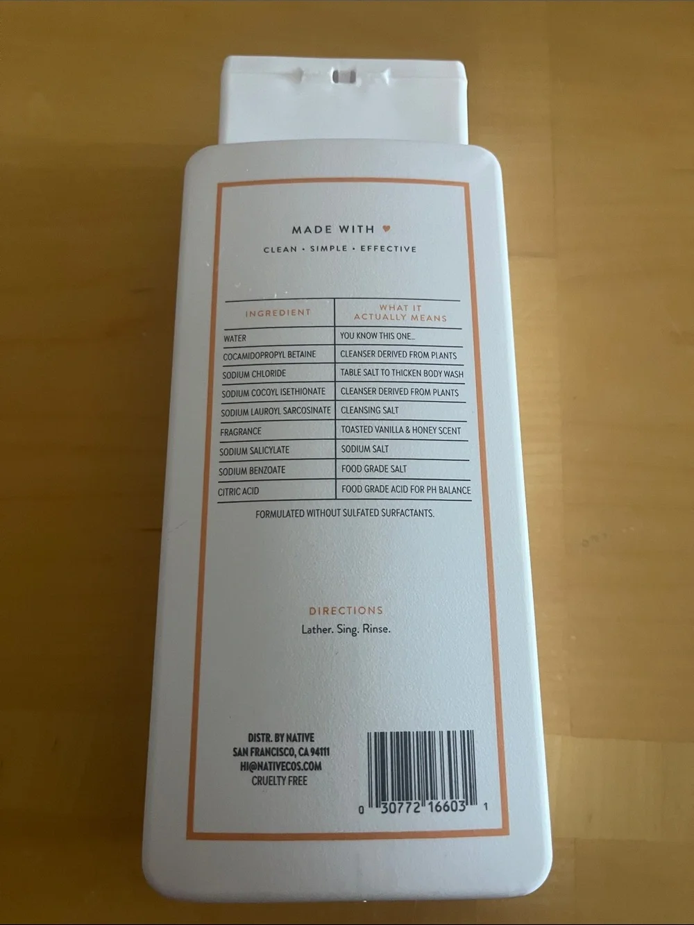 Native Toasted Vanilla & Honey Body Wash - White with Peach Text